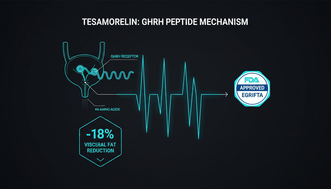 Infographie mécanisme Tesamorelin GHRH — récepteur hypophysaire, sécrétion GH pulsatile, -18% graisse viscérale